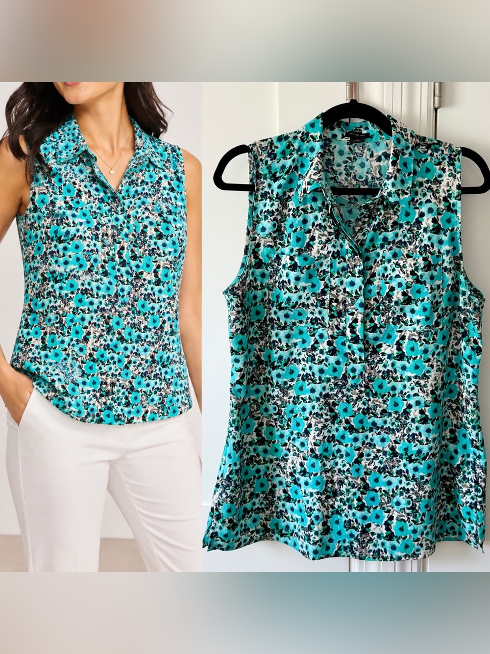 Ann Taylor Factory Sleeveless Floral Collared Blouse Blue Sz M